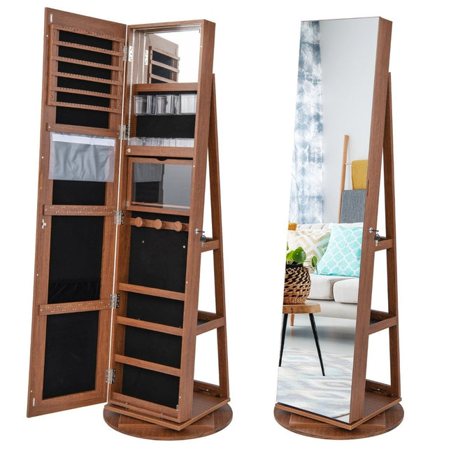 360° rotating jewelry cabinet with three-color LED lights, free-standing wooden mirror cabinet