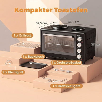 36L Mini Oven with Dual Hotplates, Rotisserie, 230C