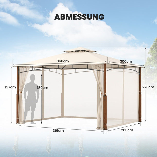 3.6 x 3 m Gazebo with Double Roof & Mosquito Net Waterproof Party Tent Garden Gazebo