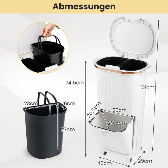 38L Kitchen Trash Bin with Lid, 2 Removable Bins, Pedal, Wheels