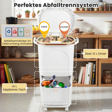 38L Kitchen Trash Bin with Lid, 2 Removable Bins, Pedal, Wheels