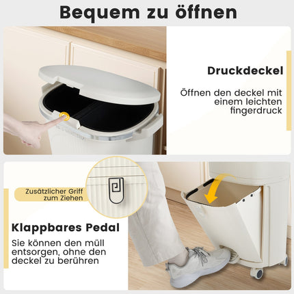 38L Kitchen Trash Bin with Lid, 2 Removable Bins, Wheels