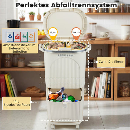 38L Kitchen Trash Bin with Lid, 2 Removable Bins, Wheels