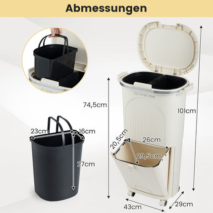 38L Kitchen Trash Bin with Lid, 2 Removable Bins, Wheels