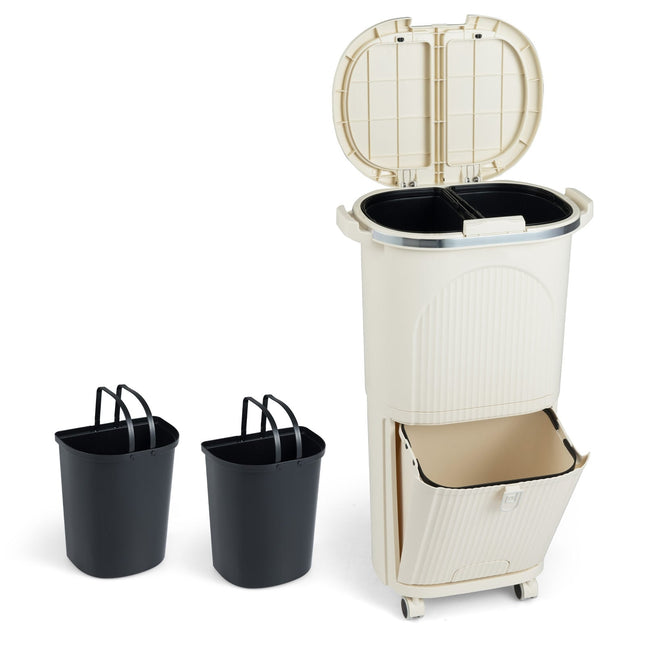 Vuilnisbak van 38 liter met 2 uitneembare emmers en deksel, beige
