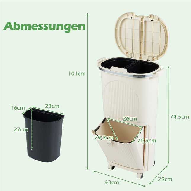 Vuilnisbak van 38 liter met 2 uitneembare emmers en deksel, beige