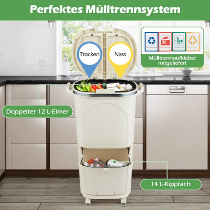 38L Trash Bin with 2 Removable Buckets & Lid, Beige