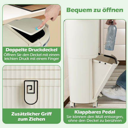 38L Trash Bin with 2 Removable Buckets & Lid, Beige