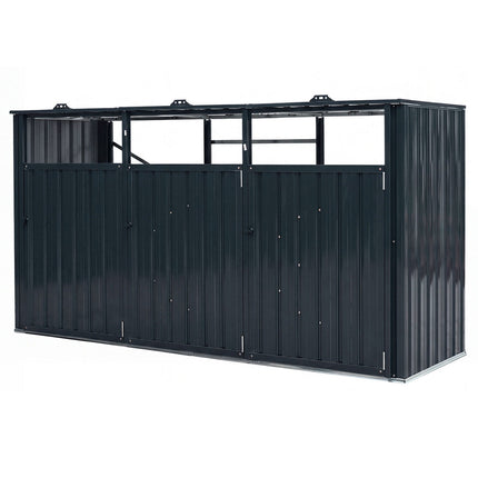 3-Bin Metal Trash Can Storage Shed, Dark Gray, Galvanized Steel