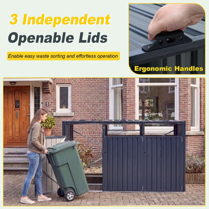 3-Bin Metal Trash Can Storage Shed, Dark Gray, Galvanized Steel