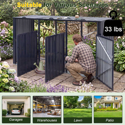 3-Bin Metal Trash Can Storage Shed, Dark Gray, Galvanized Steel