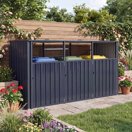 3-Bin Metal Trash Can Storage Shed, Dark Gray, Galvanized Steel