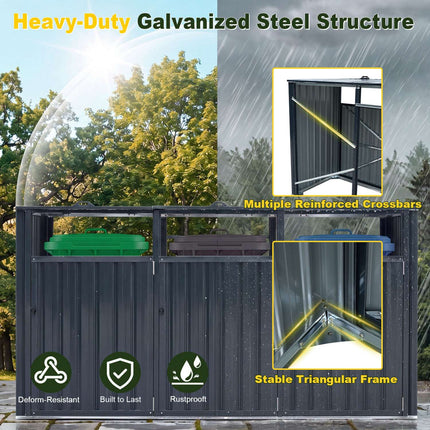 3-Bin Metal Trash Can Storage Shed, Dark Gray, Galvanized Steel