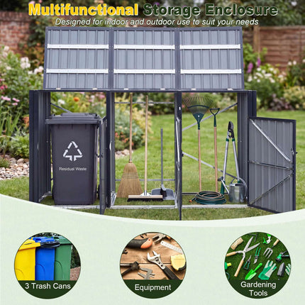 3-Bin Metal Trash Can Storage Shed, Dark Gray, Galvanized Steel
