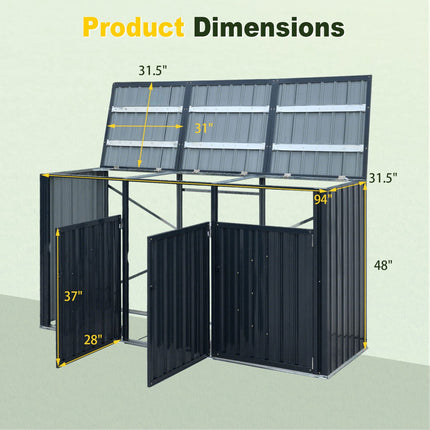 3-Bin Metal Trash Can Storage Shed, Dark Gray, Galvanized Steel