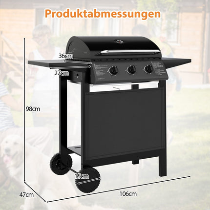3-Burner Outdoor Gas Grill with Side Tables, 24,000 BTU
