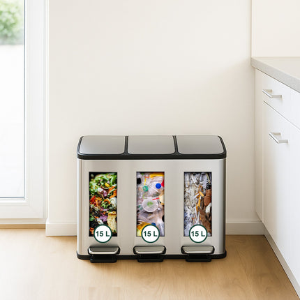 3-Compartment Kitchen Bin, 3x 15L, Soft-Close Lid