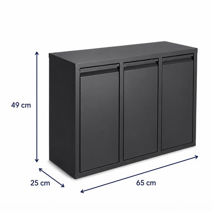 3-Compartment Waste Bin, 30L, Black, Steel-Plastic