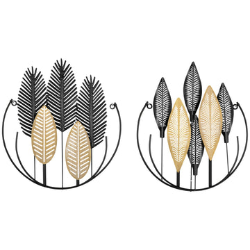 3D Metal Wall Art Leaf Set - Black & Natural, 40x46 Cm
