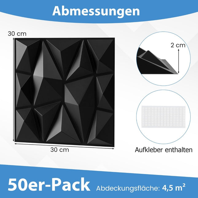 3D Wall Panels, Black Diamond Pattern, 100 Pack, 9m² Coverage