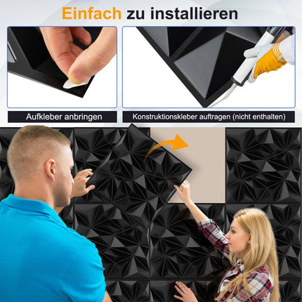 3D Wall Panels, Diamond Pattern, Black, 10m² Coverage