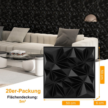 3D Wall Panels, Diamond Pattern, Black, 5m² Coverage