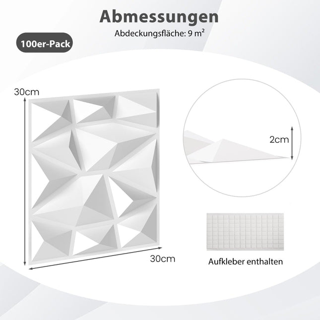 3D Wall Panels, Diamond Pattern, PVC, 100 Pack, 9㎡ Coverage