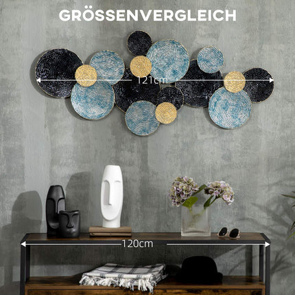 3D metal wall art - modern sculpture, gold/black/blue, 121x53 cm