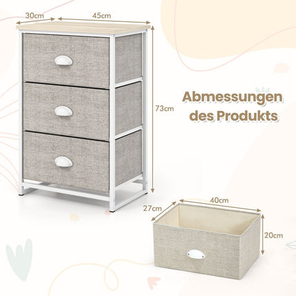 3-Drawer Dresser, Fabric & Metal, 45x30x73 cm, White/Gray