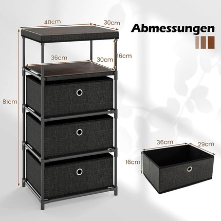3-Drawer Fabric Dresser with Wood Top, Black, 40x30x81 cm