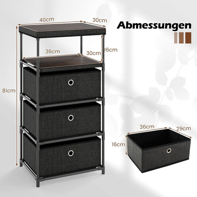 3-Drawer Fabric Dresser with Wood Top, Black, 40x30x81 cm