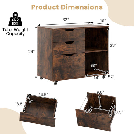 3-Drawer File Cabinet With Adjustable Shelf, Locking Wheels