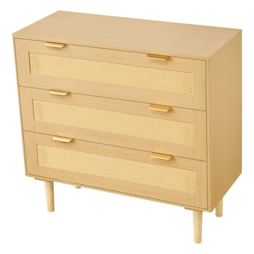 3-Drawer Rattan Dresser, Metal Handles, Wood Legs