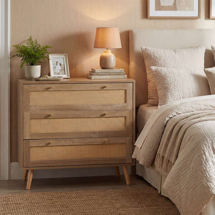 3-Drawer Rattan Dresser, Natural Boho Nightstand