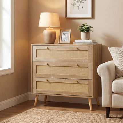 3-Drawer Rattan Dresser, Natural Boho Nightstand