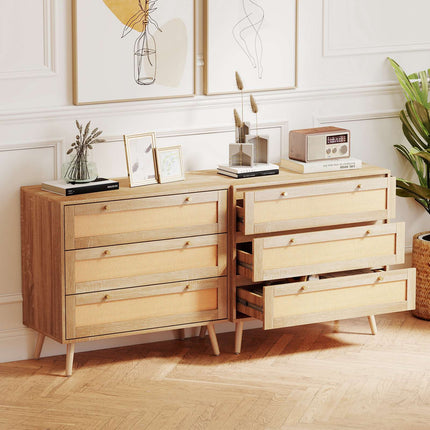 3-Drawer Rattan Dresser, Natural Boho Nightstand