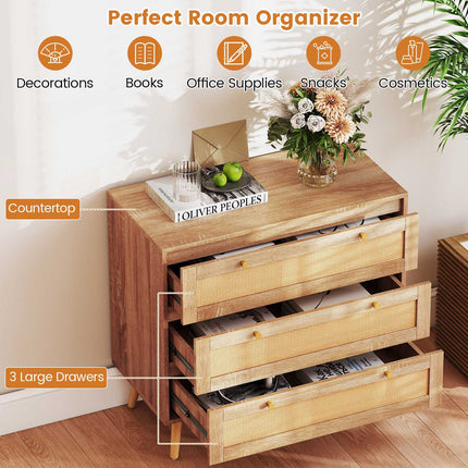 3-Drawer Rattan Dresser, Natural Boho Nightstand