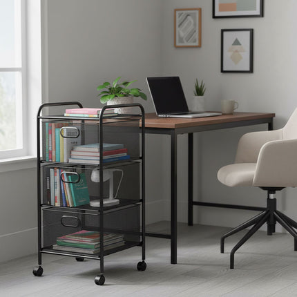 3-Drawer Rolling Storage Cart – Metal Frame, Mesh Sides