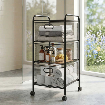 3-Drawer Rolling Storage Cart – Metal Frame, Mesh Sides