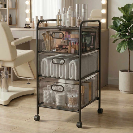 3-Drawer Rolling Storage Cart – Metal Frame, Mesh Sides