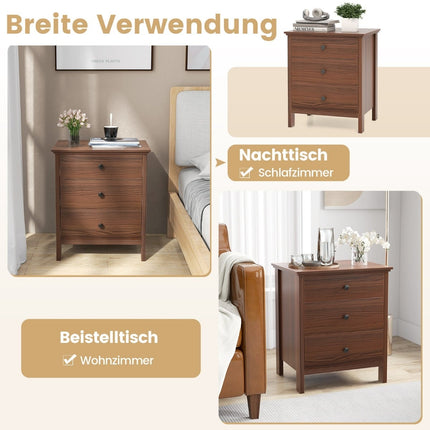 3-Drawer Walnut Nightstand for Bedroom, 56x45x66 cm