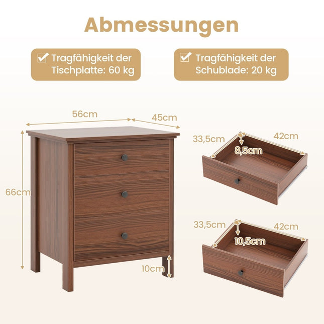3-Drawer Walnut Nightstand for Bedroom, 56x45x66 cm