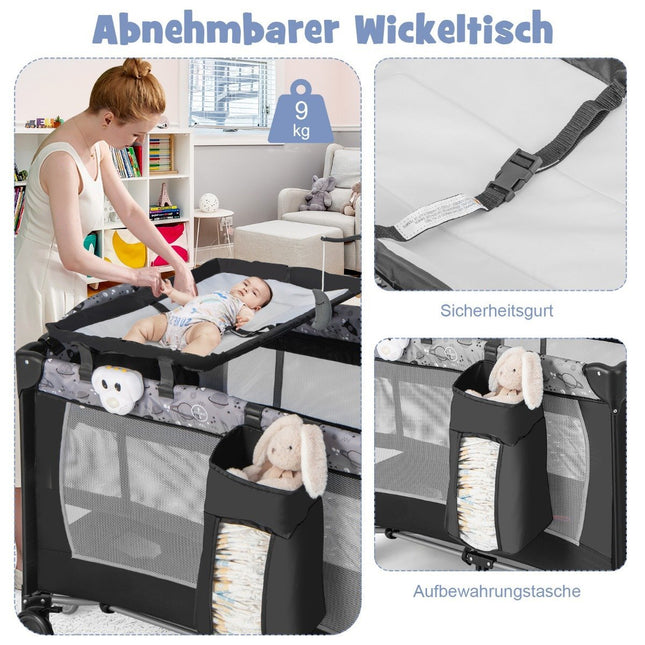 3 IN 1 side bed folding travel bed with mattress hanging toy 102 x 72 x 74 cm grey