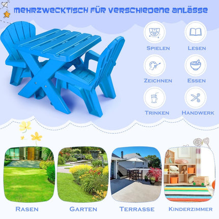 3 PCS. Children's seating group made of plastic children's table with 2 blue Adirondack chairs