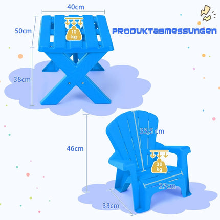 3 PCS. Children's seating group made of plastic children's table with 2 blue Adirondack chairs