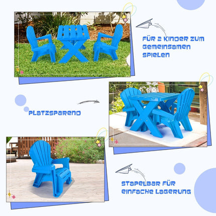 3 PCS. Children's seating group made of plastic children's table with 2 blue Adirondack chairs
