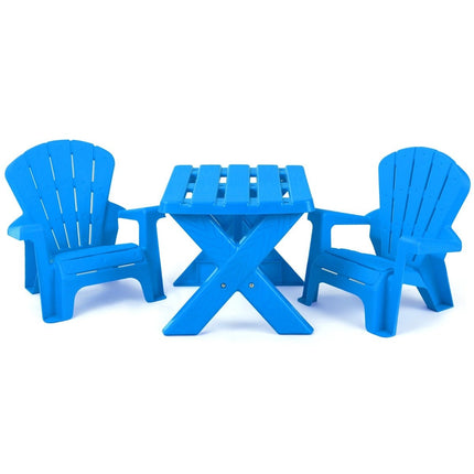 3 PCS. Children's seating group made of plastic children's table with 2 blue Adirondack chairs
