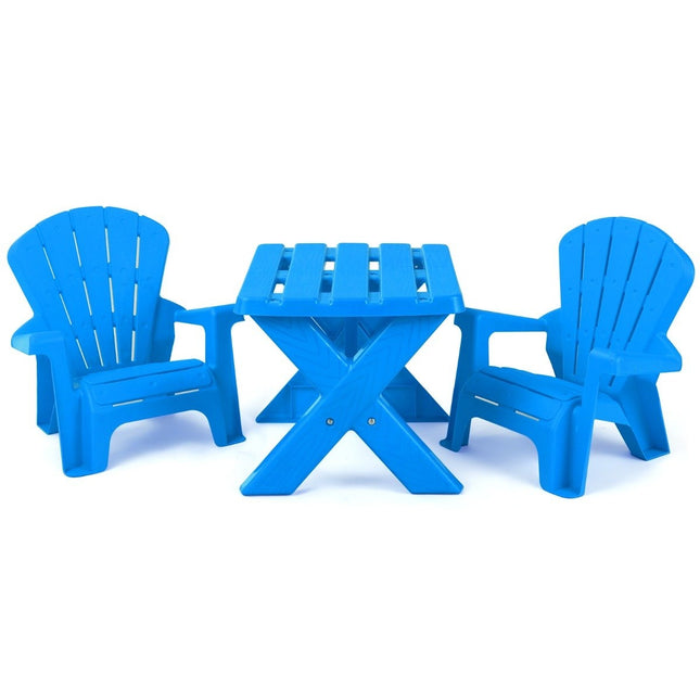 3 PCS. Children's seating group made of plastic children's table with 2 blue Adirondack chairs