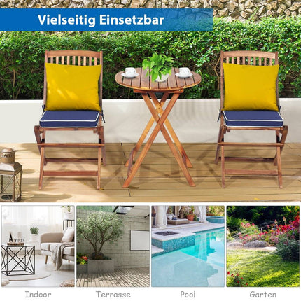 3 PCS. Patio furniture set with round table & 2 chairs & 2 cushions ergonomic seating set blue