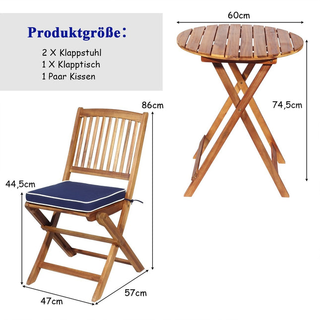 3 PCS. Patio furniture set with round table & 2 chairs & 2 cushions ergonomic seating set blue